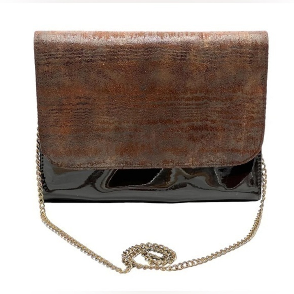 Bellini Brown Patent Leather And Brown Suede Removable Chain Strap 9”Wx7”H